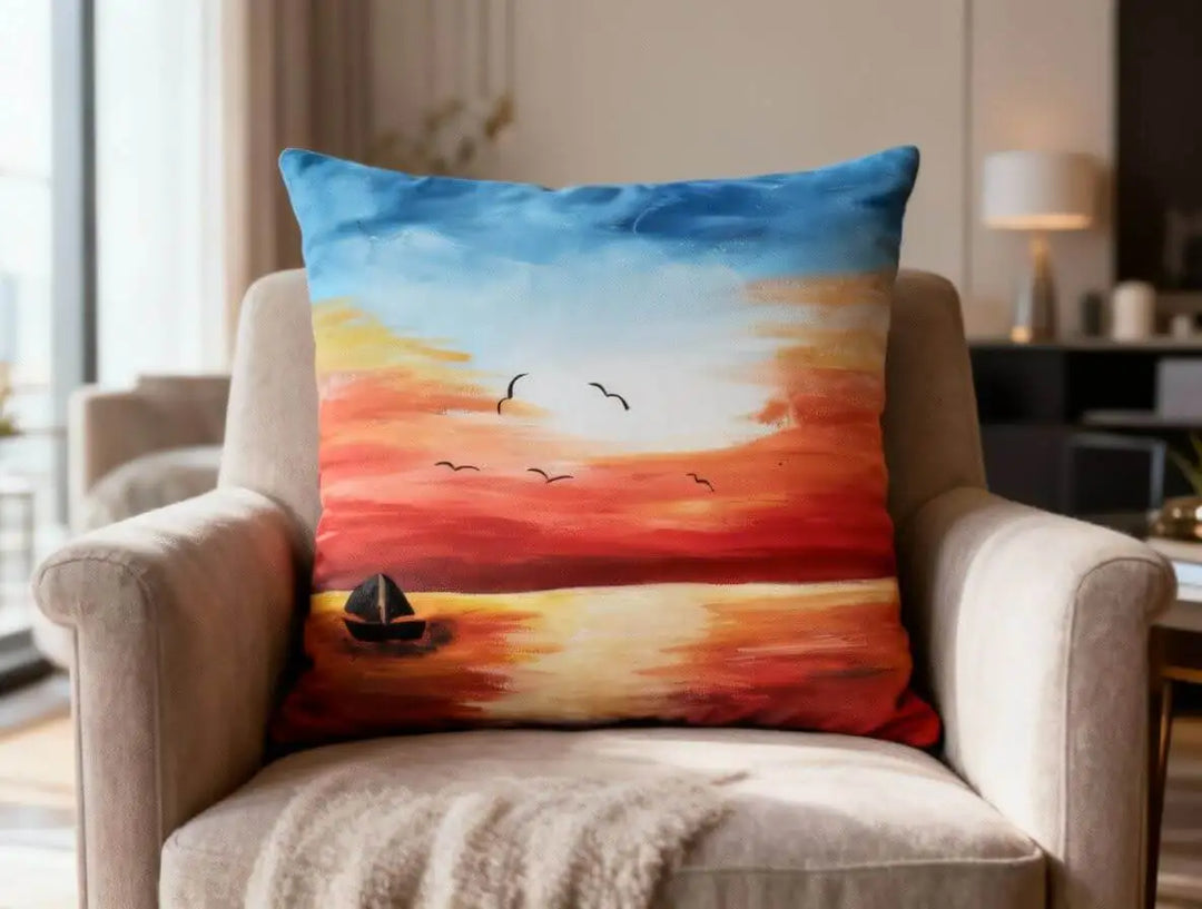 Acrylic Painting Sunset Over The Water Print Download on a decorative pillow in a cozy living room setting.