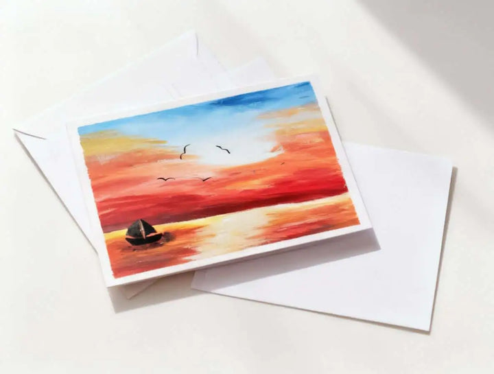 Acrylic Painting Sunset Over The Water Print Download featuring a serene sunset and boat on the water.