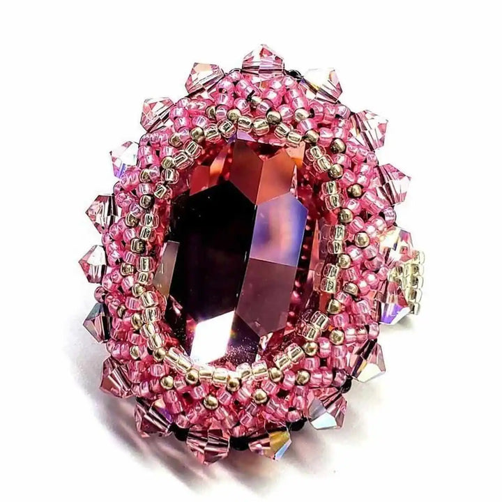 Epic Beaded Rose Crystal Bling Cocktail Ring with intricate pink beadwork and a dazzling rose-shaped crystal centerpiece.