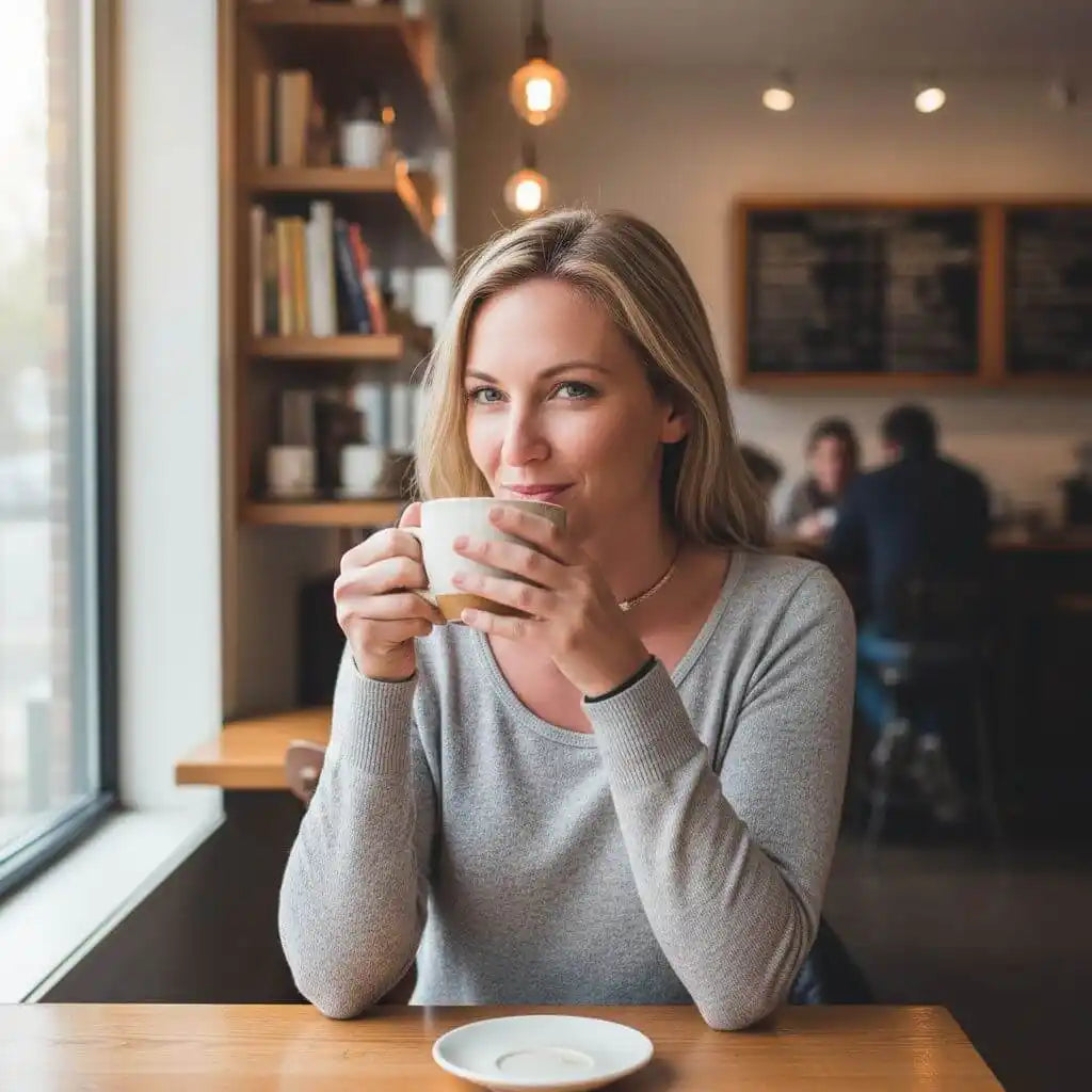 Woman enjoying a warm beverage in a cozy café, sitting at a wooden table with a beautiful smile.