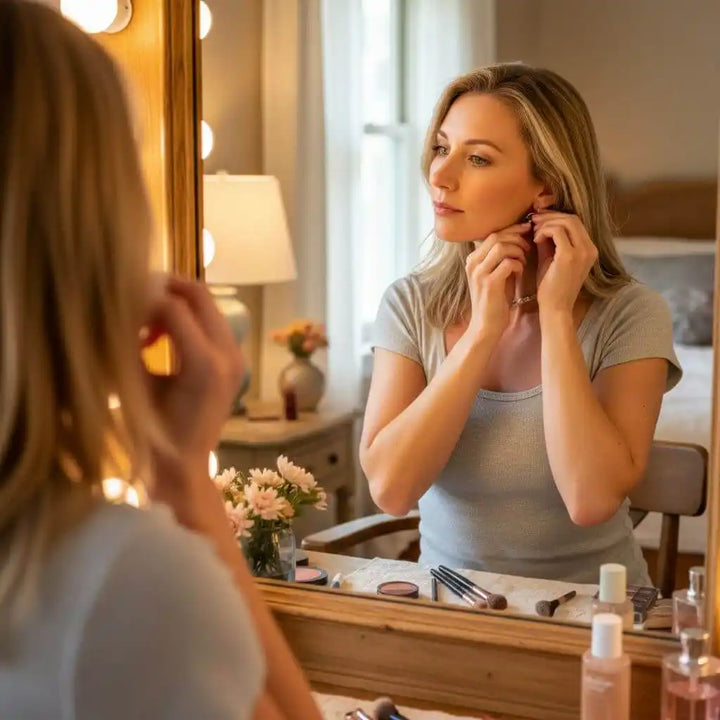Woman wearing earrings while looking at herself in a mirror, with makeup tools and flowers on the vanity.
