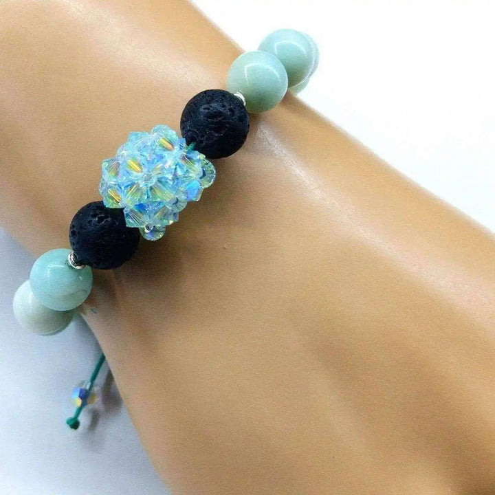 Mint Green Amazonite Gemstone Crystal Lava Rock Bracelet on a wrist showcasing unique design and colors.
