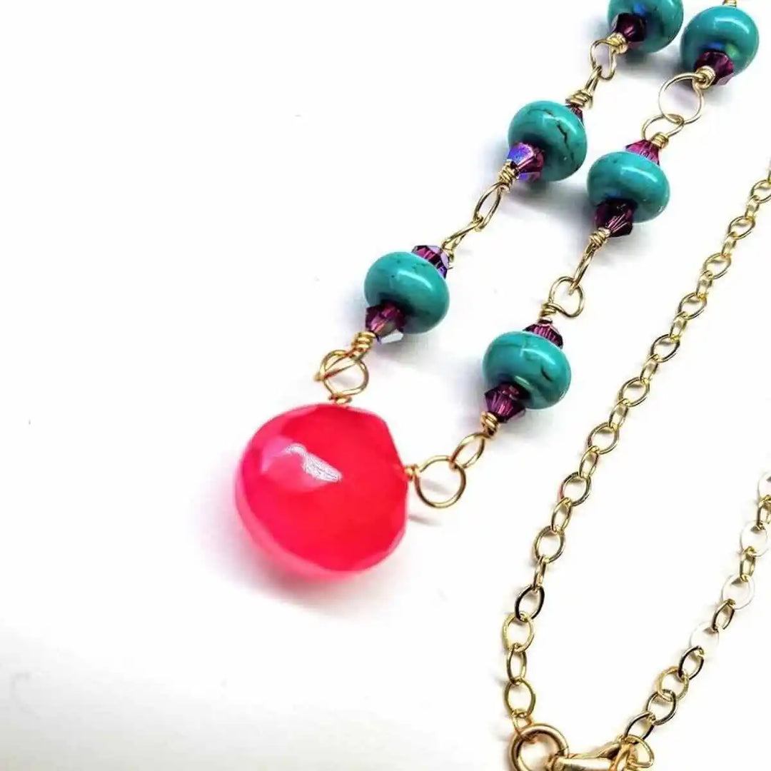 Gold Filled Pink Chalcedony Turquoise Gemstone Drop Necklace featuring vibrant pink chalcedony and turquoise beads