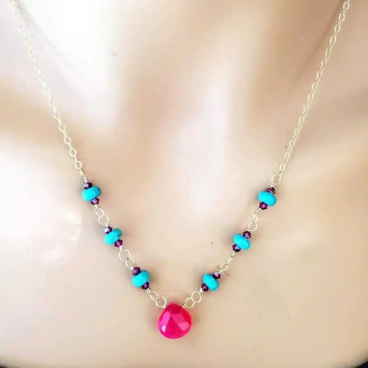 Gold Filled Pink Chalcedony Turquoise Gemstone Drop Necklace showcased on a neck form, featuring vibrant pink and turquoise beads.