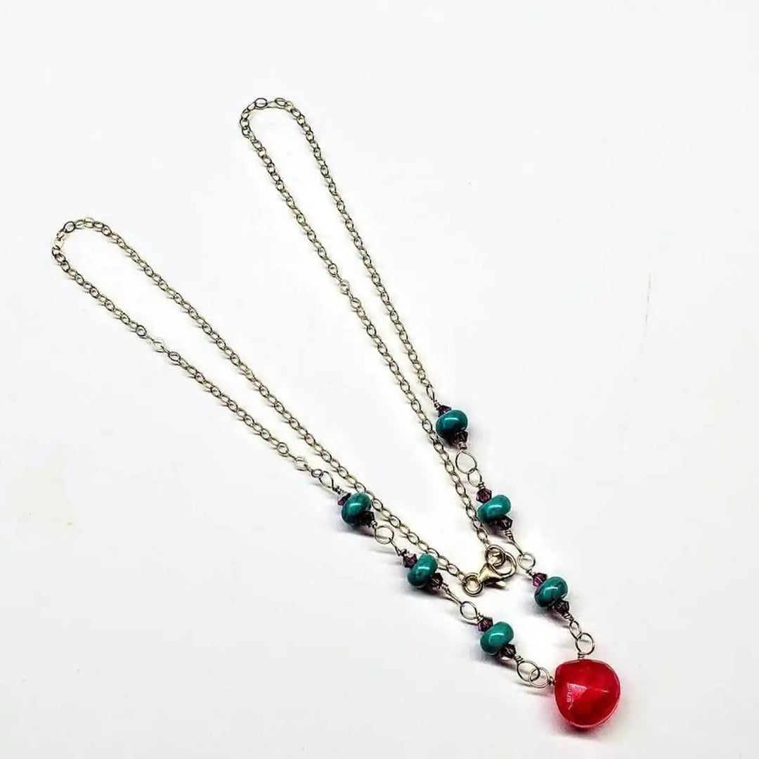 Gold Filled Pink Chalcedony Turquoise Gemstone Drop Necklace with vibrant pink chalcedony and turquoise beads.