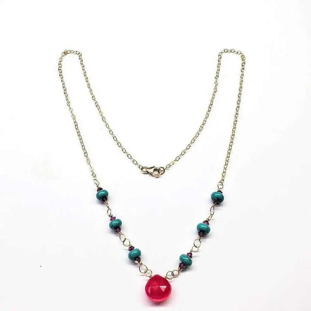 Gold Filled Pink Chalcedony Turquoise Gemstone Drop Necklace featuring vibrant pink and turquoise gemstones.