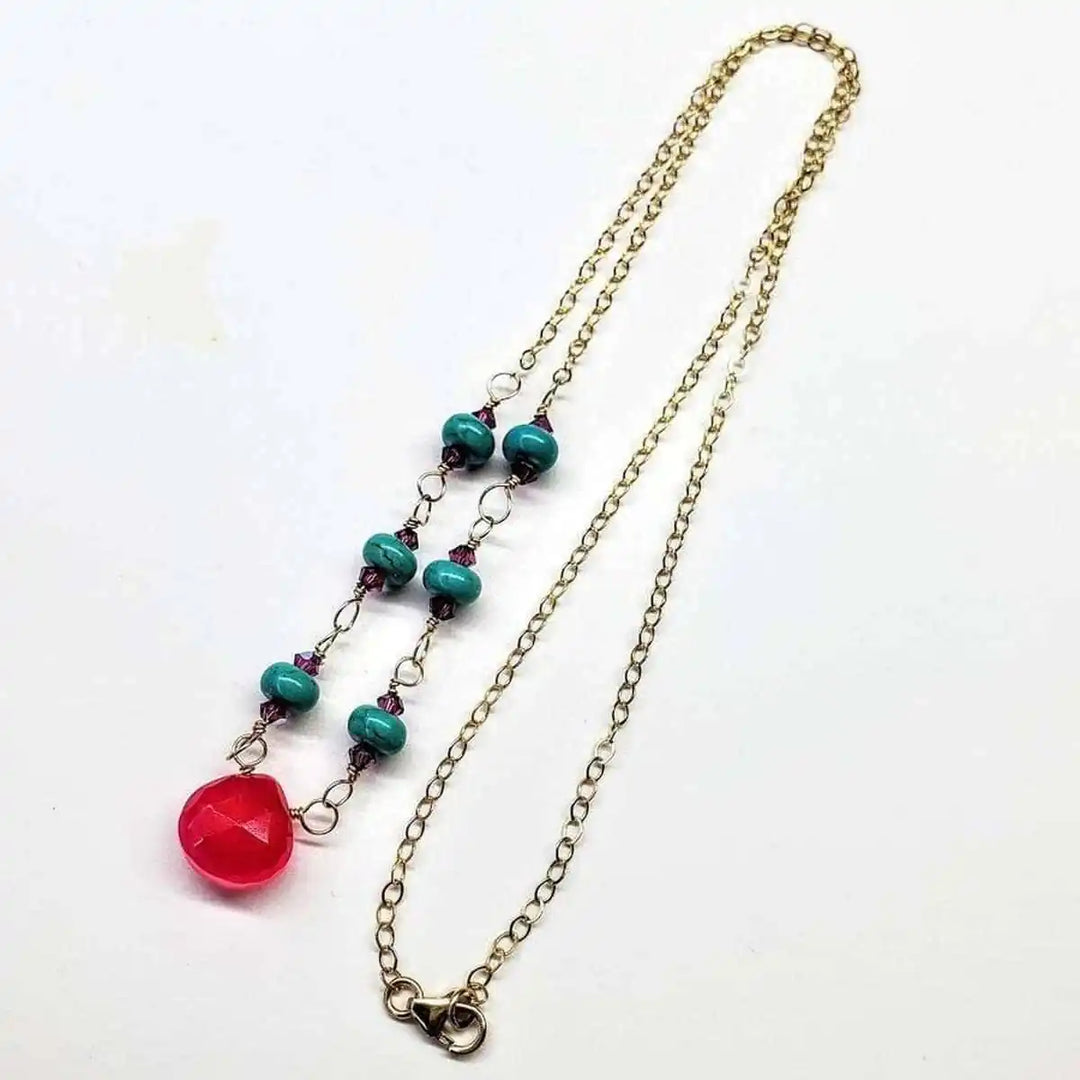 Gold Filled Pink Chalcedony Turquoise Gemstone Drop Necklace featuring pink and turquoise stones on gold chain.