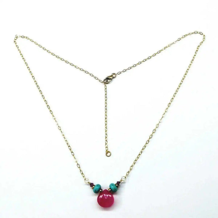 Gold Filled Turquoise and Pink Gemstone Drop Necklace featuring vibrant pink chalcedony and turquoise accents.