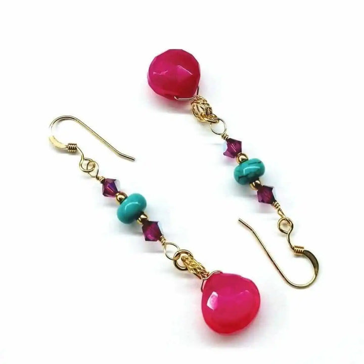 Gold Filled Wire Wrapped Pink Turquoise Gemstone Earrings showcasing vibrant pink chalcedony and turquoise beads.