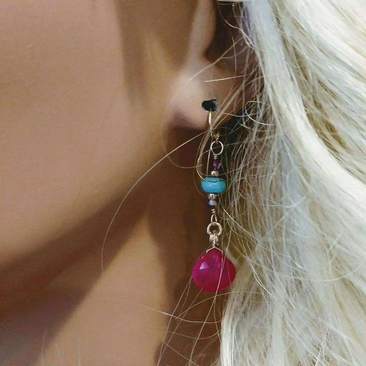 Gold Filled Wire Wrapped Pink Turquoise Gemstone Earrings showcasing vibrant pink chalcedony and turquoise heishi beads.