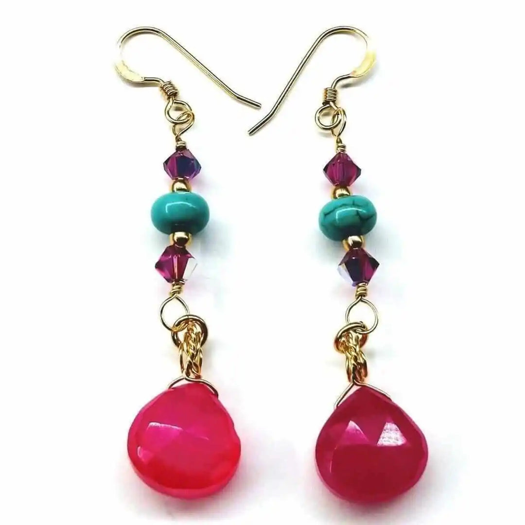 Gold Filled Wire Wrapped Pink Turquoise Gemstone Earrings featuring pink chalcedony and turquoise beads