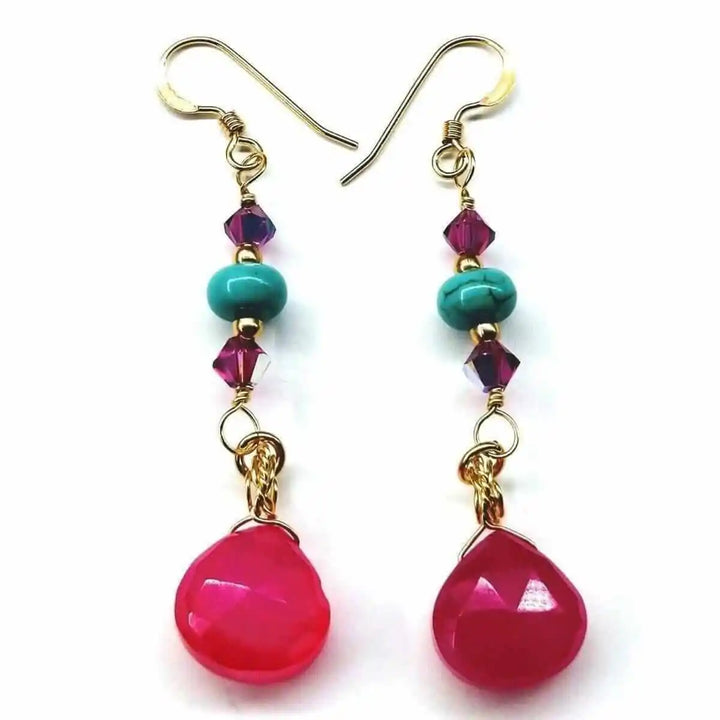 Gold Filled Wire Wrapped Pink Turquoise Gemstone Earrings featuring pink chalcedony and turquoise beads