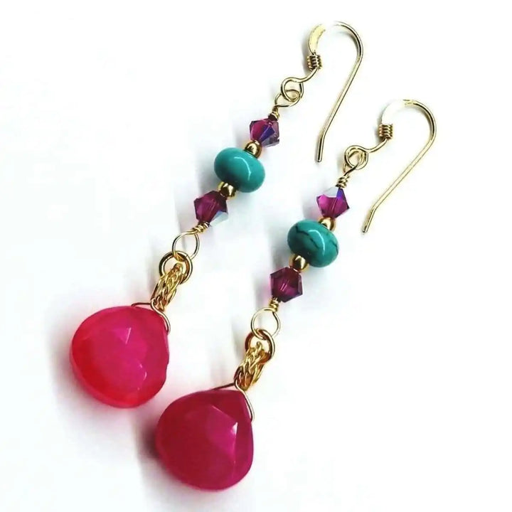 Gold Filled Wire Wrapped Pink Turquoise Gemstone Earrings featuring pink chalcedony and turquoise heishi beads.
