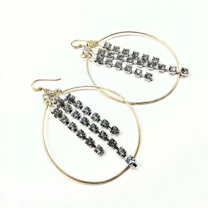 Hammered 14 K Gold Filled Oval Hoop Crystal Chain Earrings showcasing sparkling crystal details.