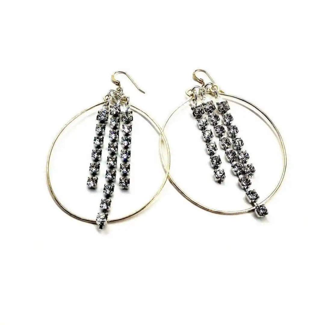 Hammered 14 K Gold Filled Oval Hoop Crystal Chain Earrings with sparkling crystals and elegant design.