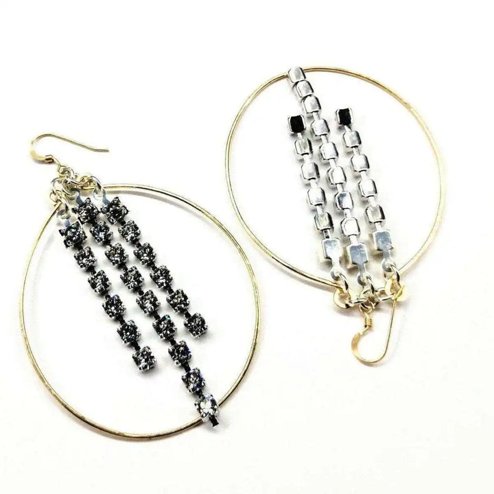 Hammered 14 K Gold Filled Oval Hoop Crystal Chain Earrings showcasing unique crystal designs.