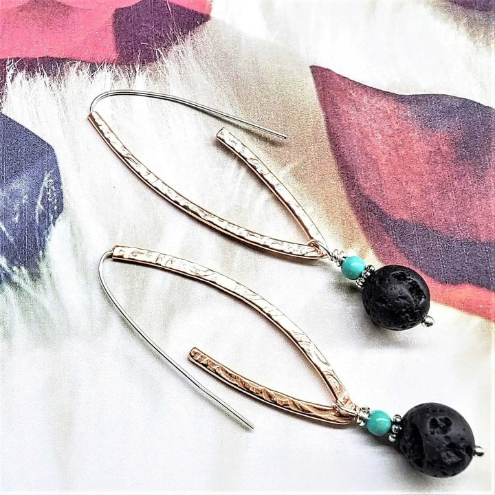 Hammered Pointed Oval Hoop Lava Rock Bead Earrings featuring Maui volcanic lava beads and turquoise gemstones.