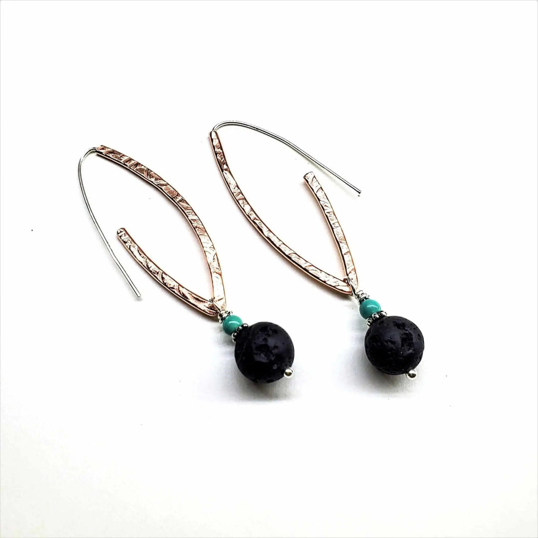 Hammered Pointed Oval Hoop Lava Rock Bead Earrings featuring lava beads and turquoise gemstones in a chic design.