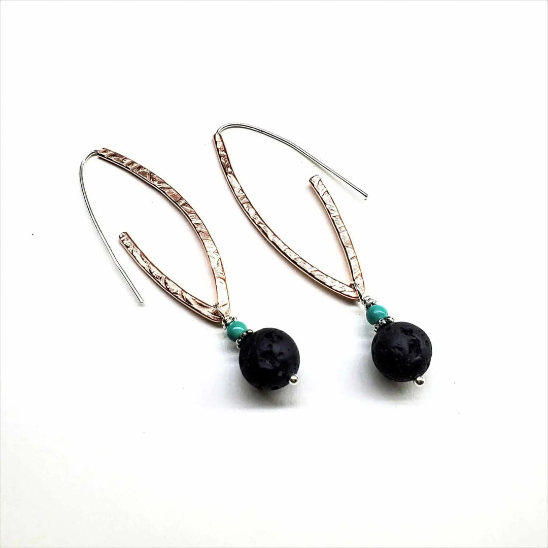 Hammered Pointed Oval Hoop Lava Rock Bead Earrings with turquoise gemstones and lava beads.
