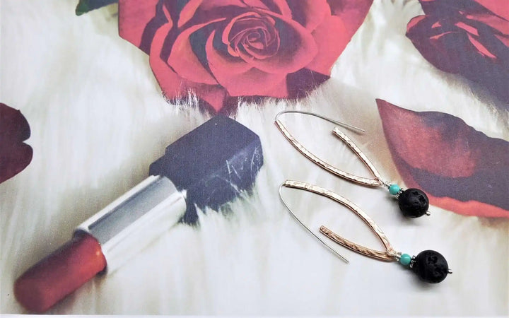 Hammered Pointed Oval Hoop Lava Rock Bead Earrings featuring Maui lava beads and turquoise gemstones.