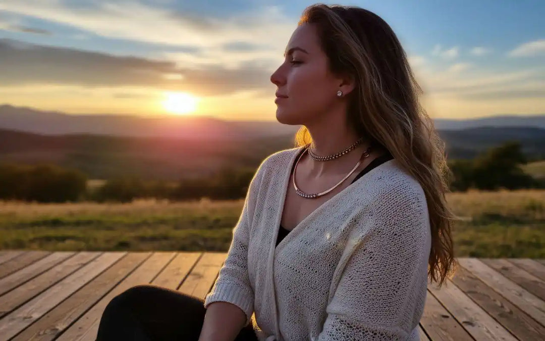 Handmade 7-year anniversary Copper Crystal Choker Set worn by a woman during sunset on a wooden deck.