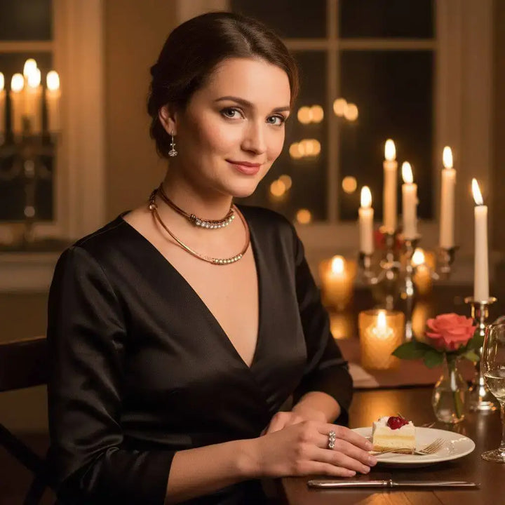 Handmade 7-year anniversary Copper Crystal Choker Set worn by a woman at an elegant dinner table with candles.
