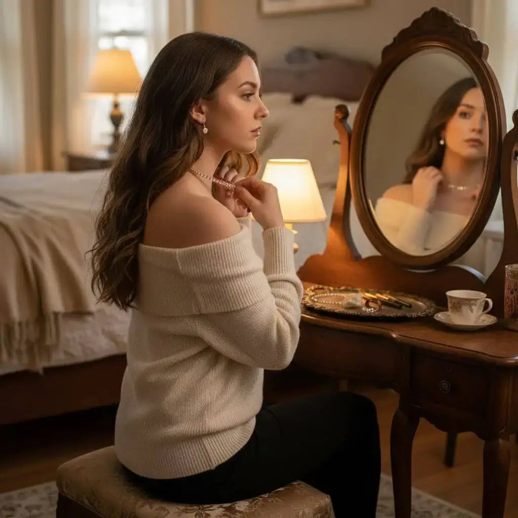 A woman wears a Handmade 7-year anniversary Copper Crystal Choker Set while gazing into a mirror in a cozy bedroom.
