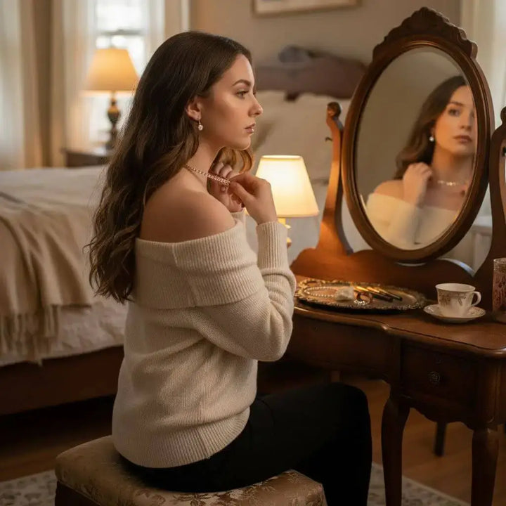 A woman wears a Handmade 7-year anniversary Copper Crystal Choker Set while gazing into a mirror in a cozy bedroom.