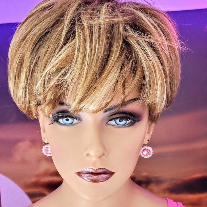 Handmade Beaded Bezel Pink Crystal Halo Earrings modeled by a mannequin with short blonde hair and stunning makeup.