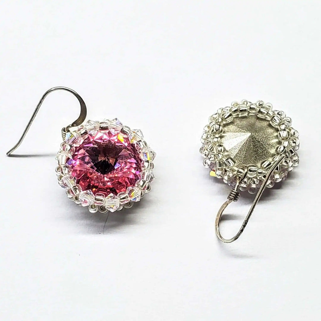 Handmade Beaded Bezel Pink Crystal Halo Earrings featuring rose pink Swarovski crystal and delicate beading.