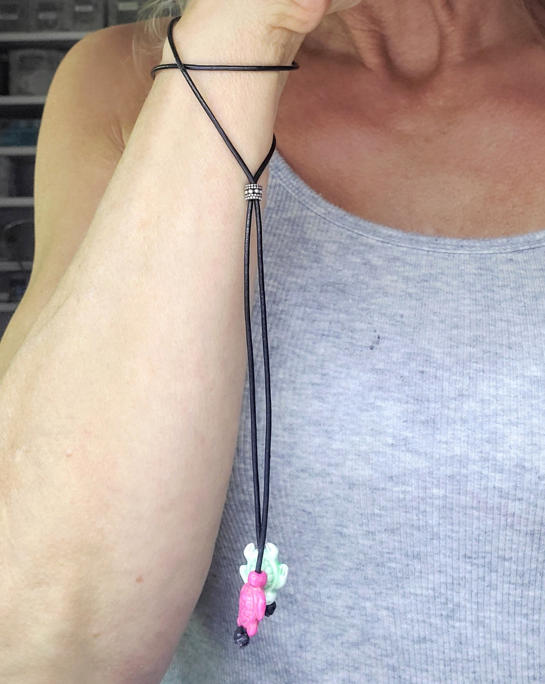 AMD1318-2Handmade Black Leather Colored Ceramic Talking NecklaceJewelryNecklace$ 25.00Alexa Martha Designs