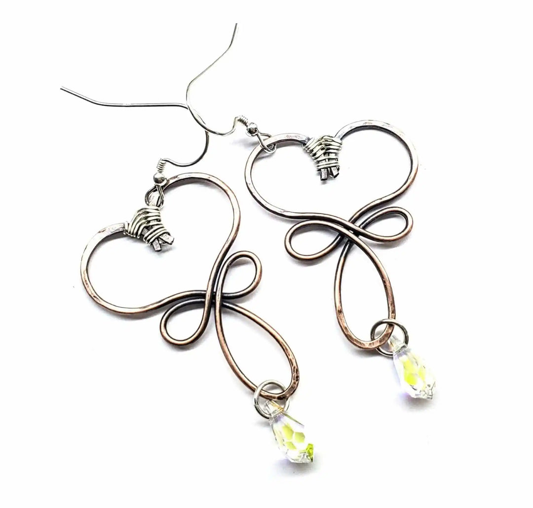 Handmade Copper Wire Sculpted Heart Crystal Drop Earrings featuring elegant heart shapes and crystal accents.