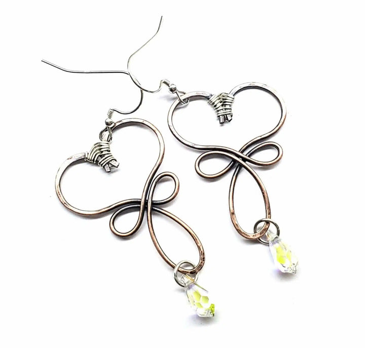 Handmade Copper Wire Sculpted Heart Crystal Drop Earrings featuring elegant heart shapes and crystal accents.