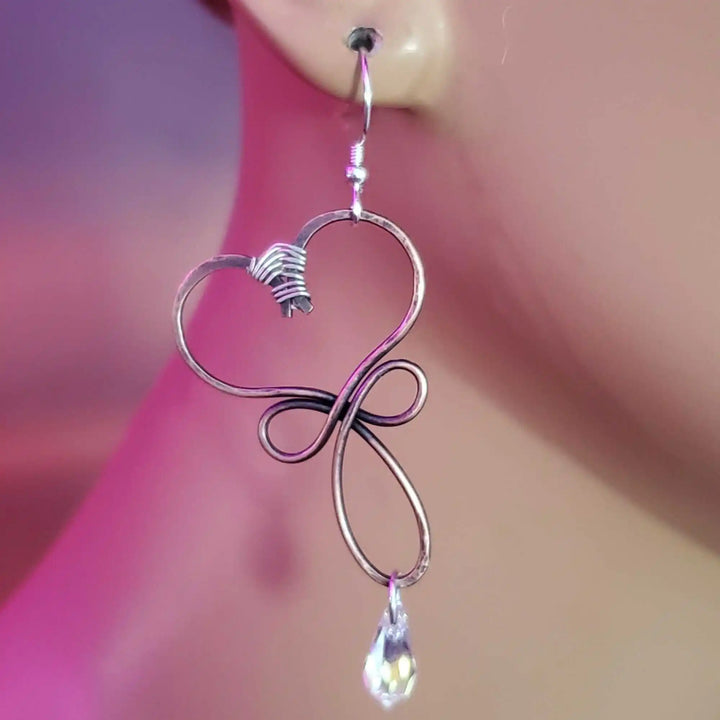 Handmade Copper Wire Sculpted Heart Crystal Drop Earrings showcasing elegant heart design and crystal drop detail.