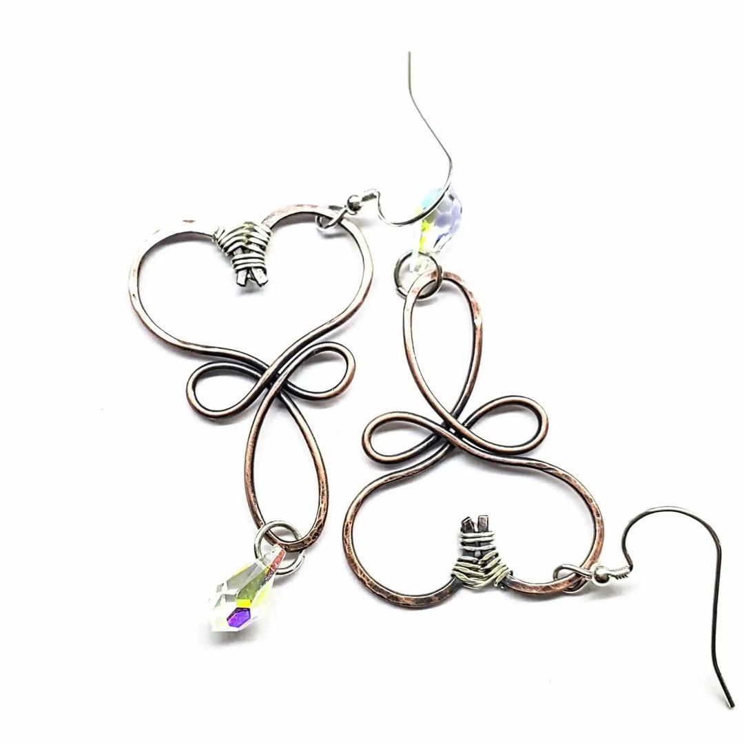 Handmade Copper Wire Sculpted Heart Crystal Drop Earrings showcasing wire and crystal design.