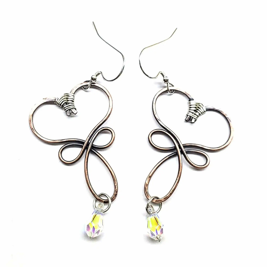 Handmade Copper Wire Sculpted Heart Crystal Drop Earrings showcasing elegant design with shimmering crystal drops.