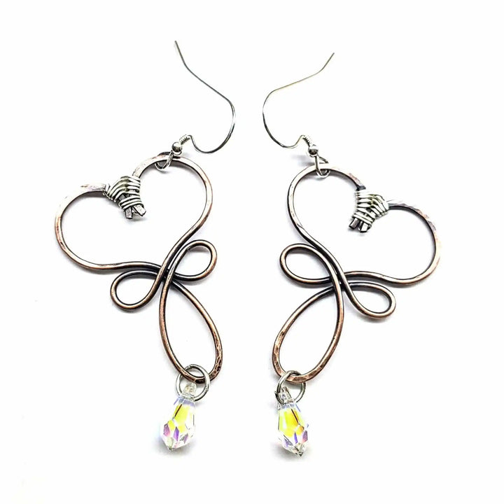 Handmade Copper Wire Sculpted Heart Crystal Drop Earrings showcasing elegant design with shimmering crystal drops.