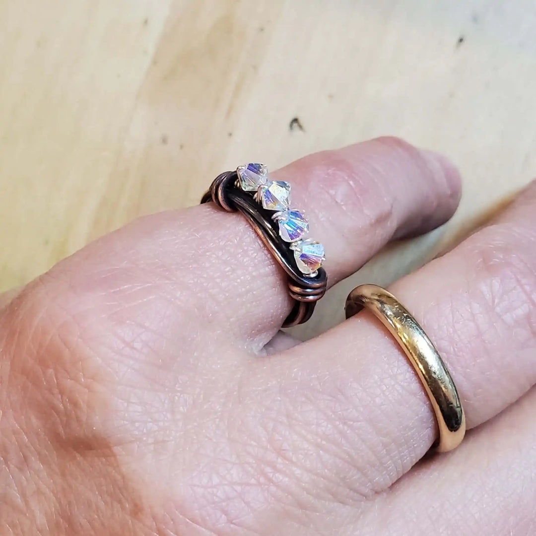 Handmade Copper Multi Wire Wrapped Super Sparkly Bling Ring worn on a hand showcasing its sparkle and design.
