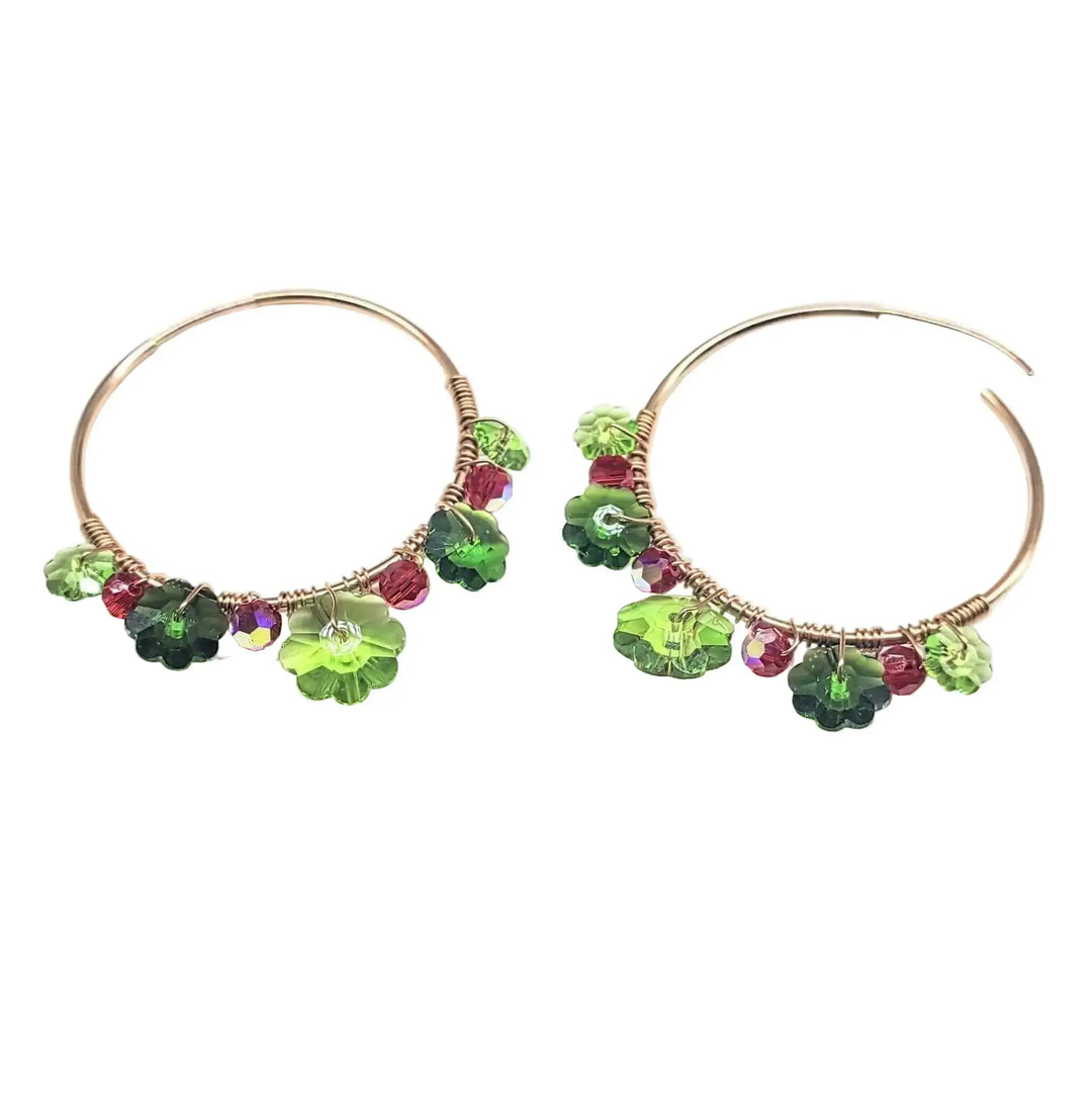 14 K Rose Gold Filled Red Green Holly Berry Crystal Hoops featuring sparkling crystals and floral design.