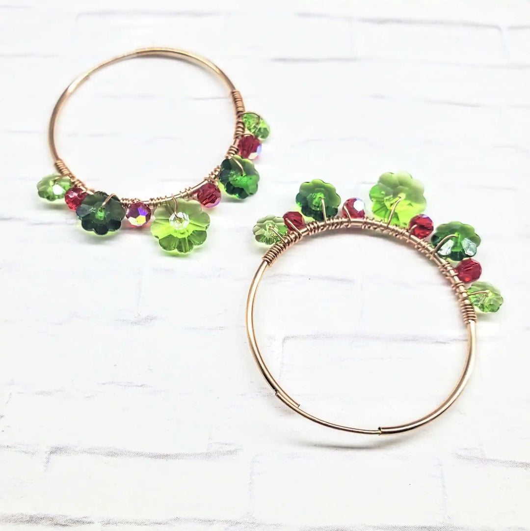 14 K Rose Gold Filled Red Green Holly Berry Crystal Hoops featuring Swarovski crystals and festive design.