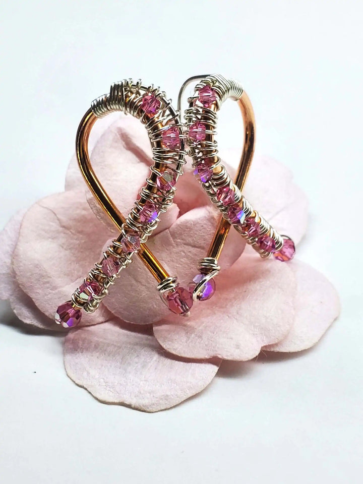 Handmade Copper Silver Pink Crystal Ribbon Jewelry Set featuring elegant copper tube earrings with pink Swarovski crystals.