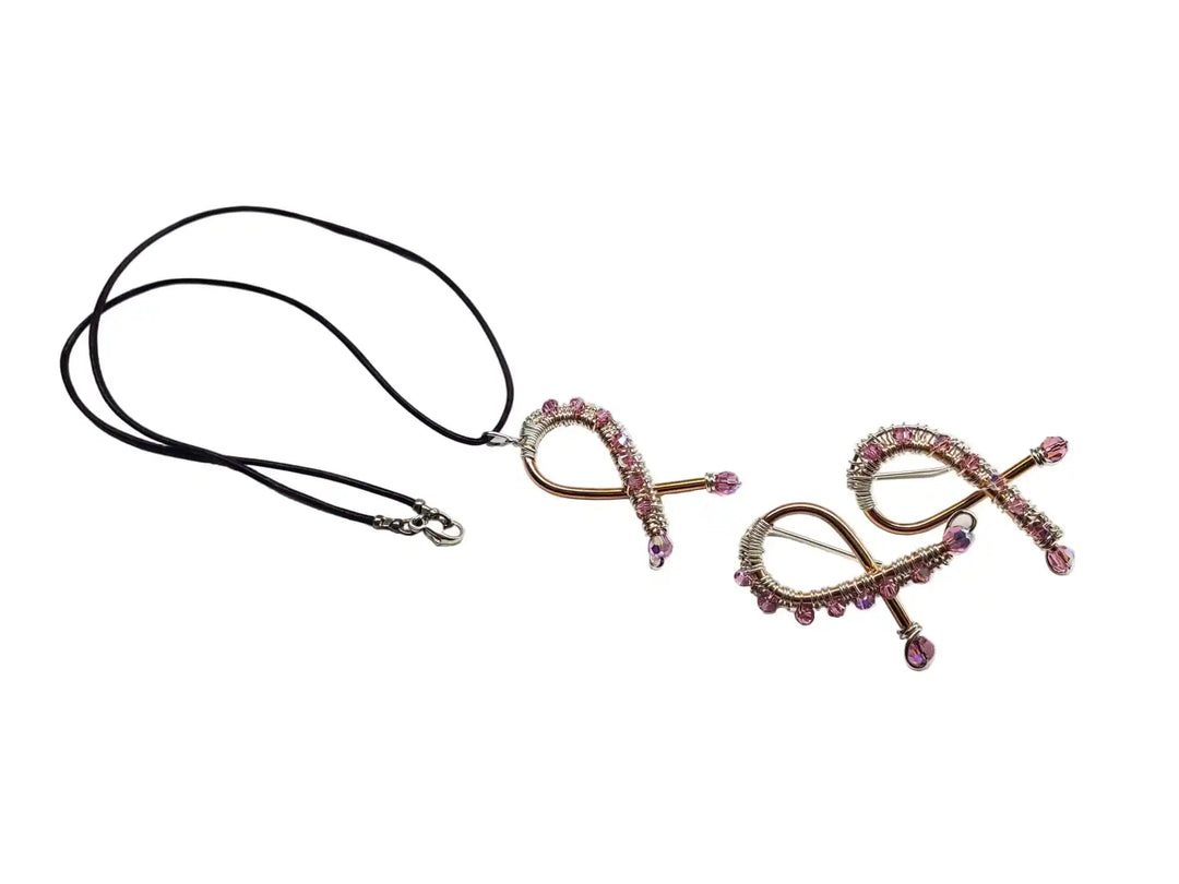 Handmade Copper Silver Pink Crystal Ribbon Jewelry Set featuring necklace and earrings with pink Swarovski crystals.