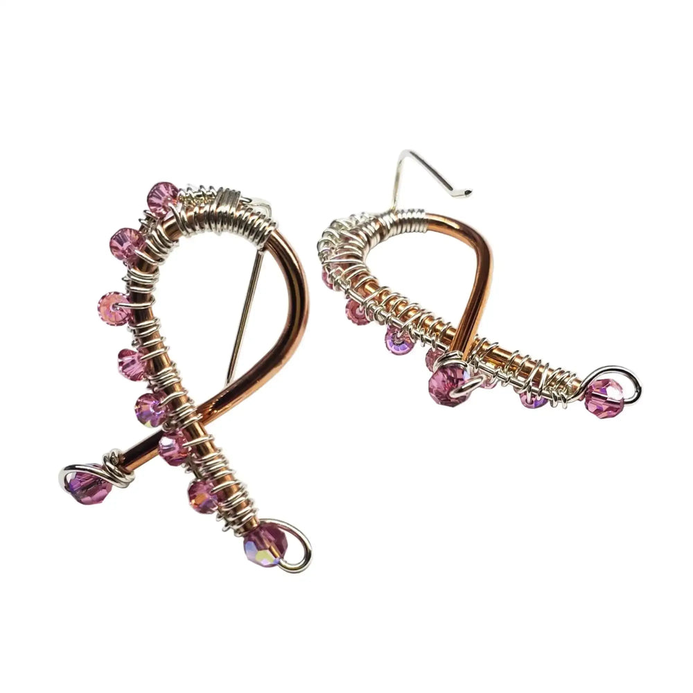 Handmade Copper Silver Pink Crystal Ribbon Jewelry Set featuring elegant pink crystal earrings.