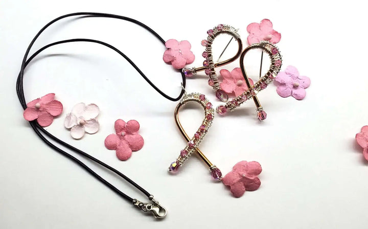 Handmade Copper Silver Pink Crystal Ribbon Jewelry Set featuring pink Swarovski crystals and floral accents.