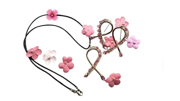 Handmade Copper Silver Pink Crystal Ribbon Jewelry Set featuring pink flowers and elegant design.