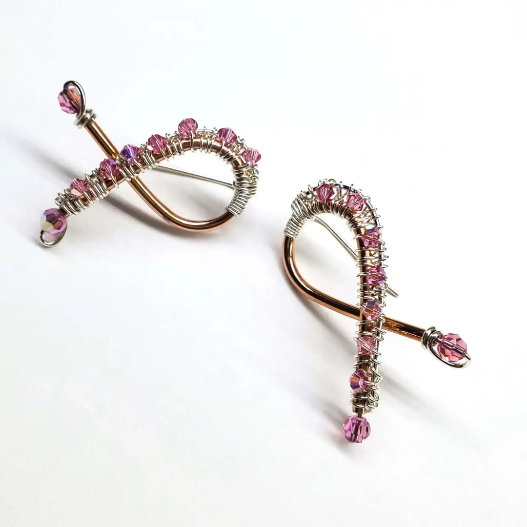 Handmade Copper Silver Pink Crystal Ribbon Jewelry Set featuring elegant pink Swarovski crystal earrings.