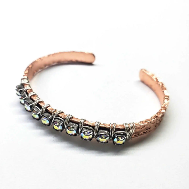 Silver Wire Wrapped Crystal Textured Copper Cuff Set featuring rhinestone bling and handcrafted artistry.