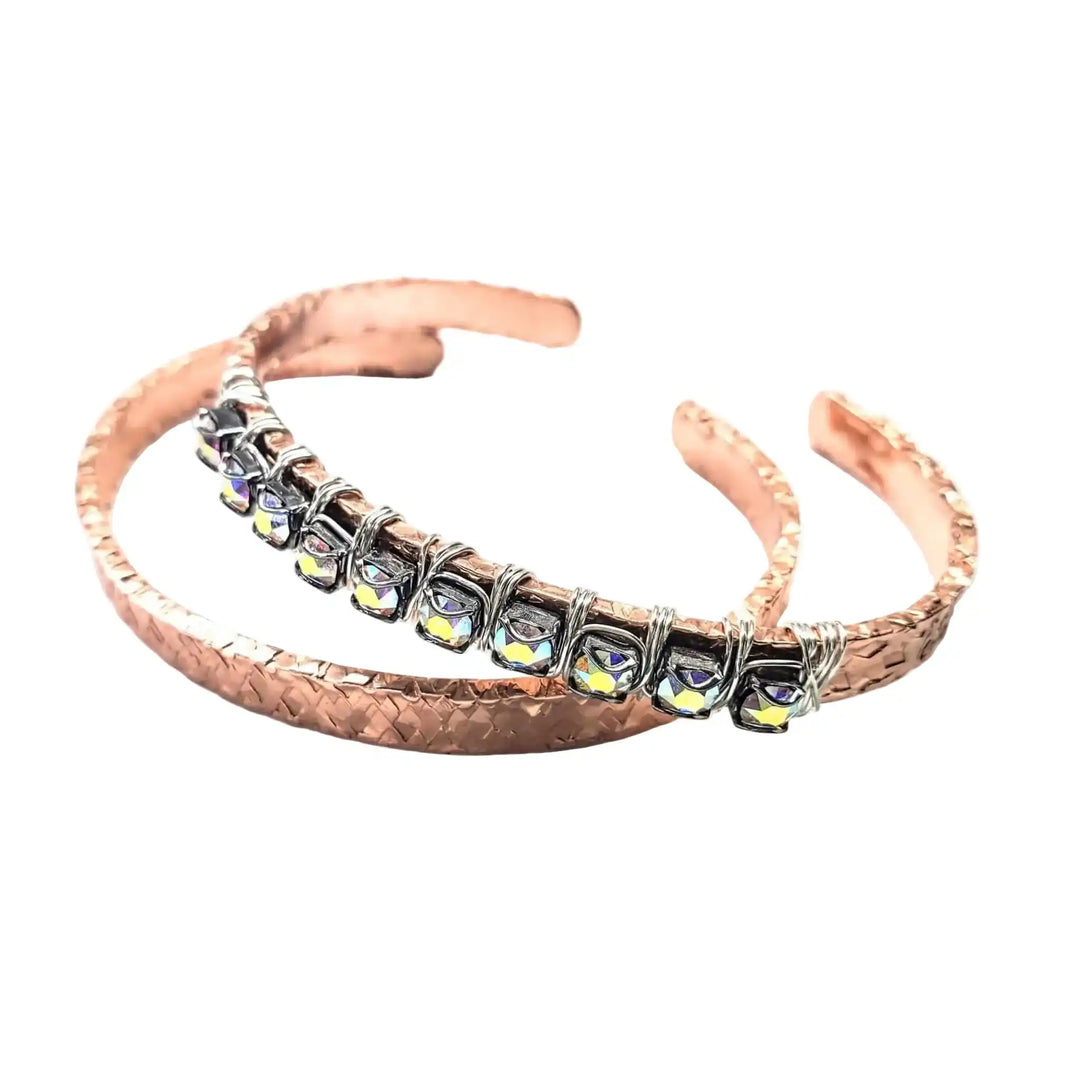 Silver Wire Wrapped Crystal Textured Copper Cuff Set featuring rhinestones and woven copper design.