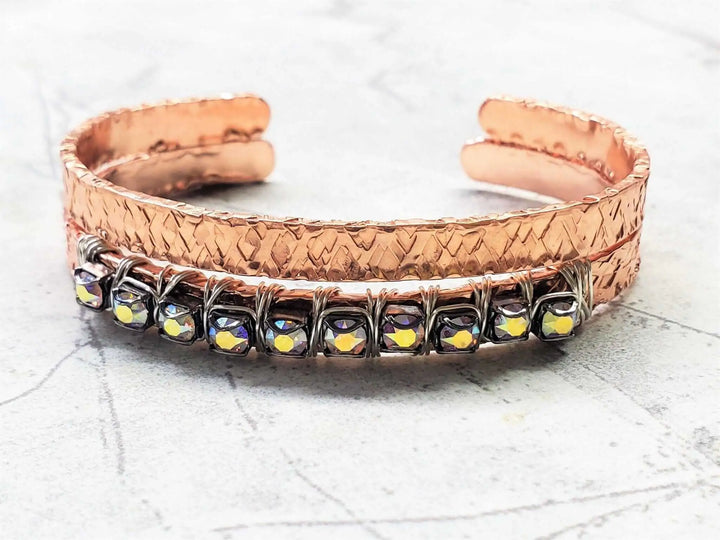 Silver Wire Wrapped Crystal Textured Copper Cuff Set showcasing two handcrafted bangles with dazzling rhinestones.