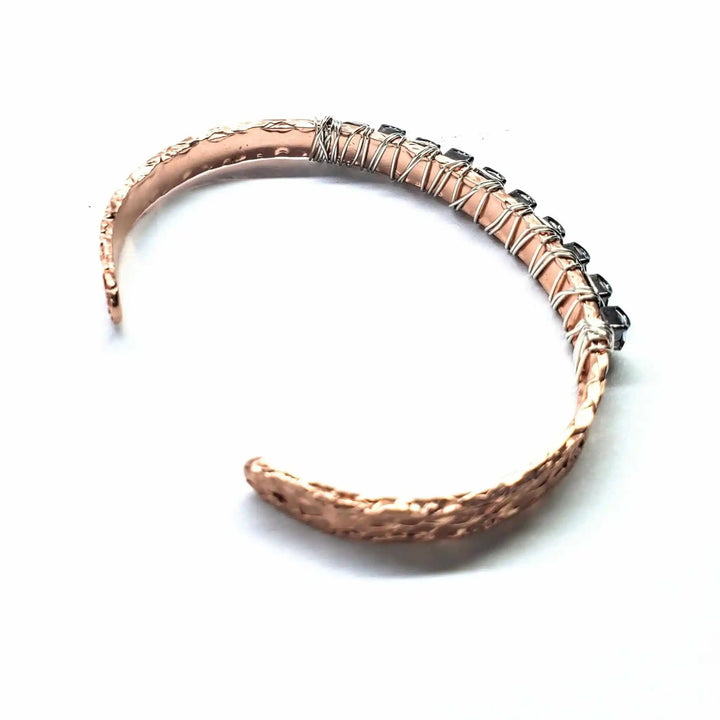 Silver Wire Wrapped Crystal Textured Copper Cuff Set showcasing copper with rhinestone accents and artful wire wrapping.